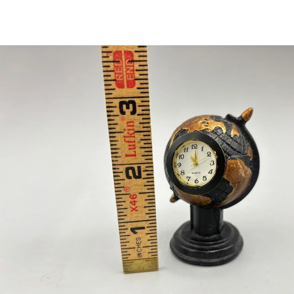 Miniature Globe Desk Clock Black Gold Quartz Movement Small Office Decor 3 Inch